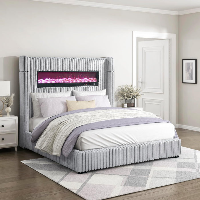 Corduroy Upholstered Bed Frame, Remote Fireplace, Built-In Speaker, Wingback Queen Bed Frame with Headboard, Wooden Slats, Box Spring Needed, Assembly Required, Two-Tone Gray