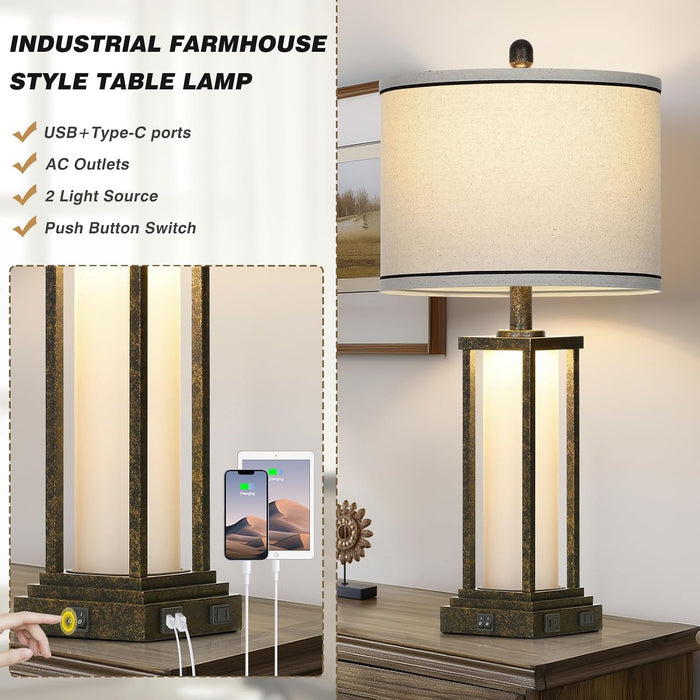 27Inch Tall Bedside Table Lamps with Charging Ports for Living Room,Traditional Lamp with Night Light for Bedroom Nightstand,Single Bronze