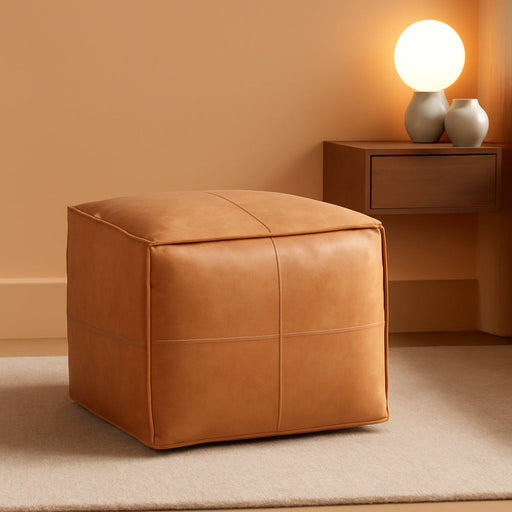 Brody Square Pouf - 18 Inch Wide Upholstered Vegan Leather Ottoman in Distressed Brown, Boho Footstool, Coffee Table or Extra Seating for Living Room or Bedroom, Assembled