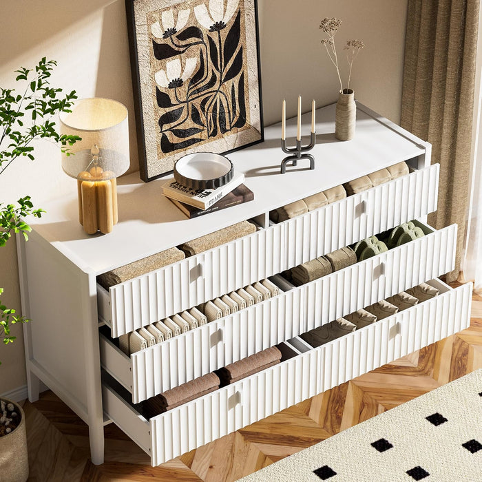 White 6 Drawer Dresser, Modern Wide Dresser for Bedroom, Fluted Wood Chest of Drawers with Metal Handles for Clothes, Storage Cabinet for Living Room, Entryway, Office