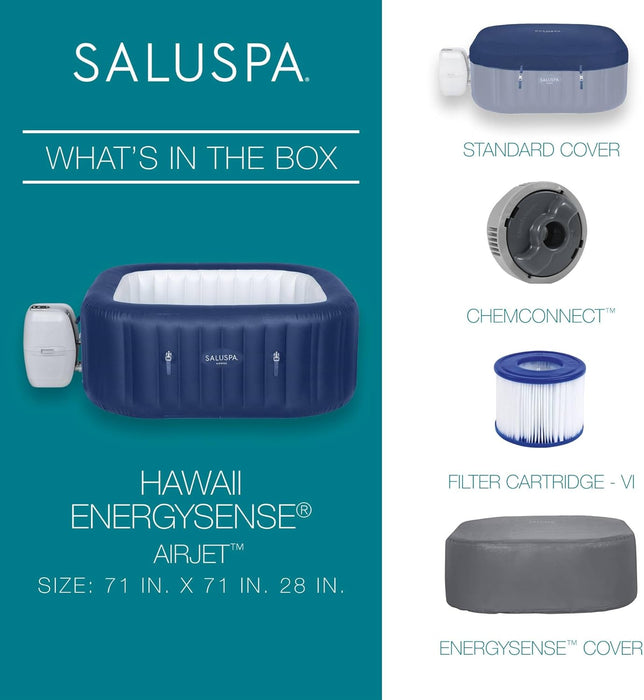 Saluspa Hawaii Airjet 4 to 6 Person Inflatable Hot Tub Square Portable Outdoor Spa with 140 Airjets and Energysense Energy Saving Cover, Blue