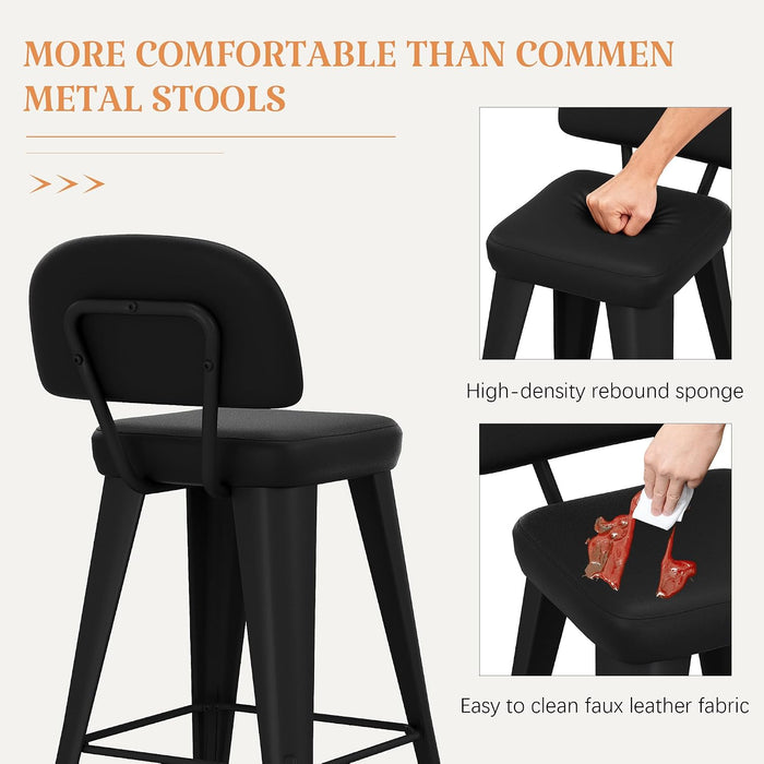 24" Bar Stools Set of 4, Black Faux Leather Barstools with Back