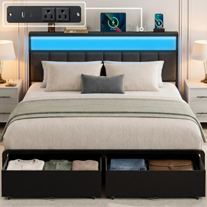 Queen Bed Frame with 2 Storage Drawers, Grey Upholstered