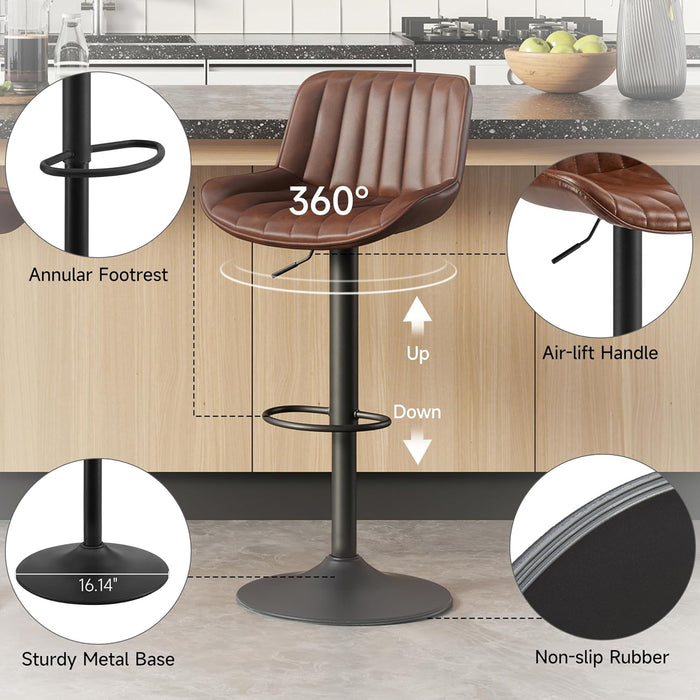 Bar Stools Set of 2, Mid Century Modern Faux Leather Swivel Barstools Adjustable Height, Counter Height Pub Bar Chair with Back, Black Powder Coated Base, Cognac