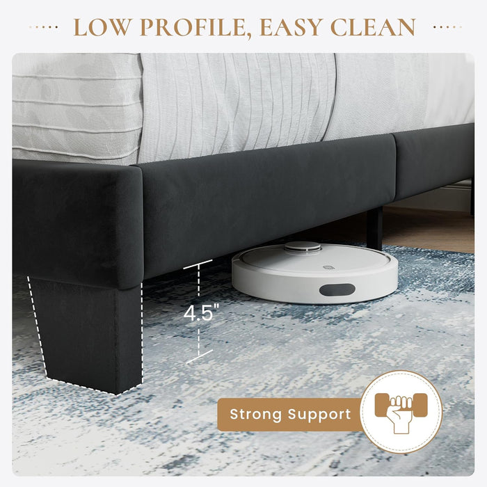 Queen Platform Bed Frame with Velvet Upholstered Headboard, Mattress Foundation with Strong Wooden Slats Support, No Box Spring Needed, Black