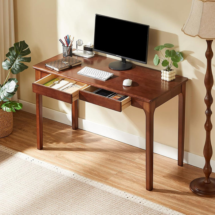 Solid Wood Computer Desk with Drawers (Black Walnut Color, 47.2Inch)