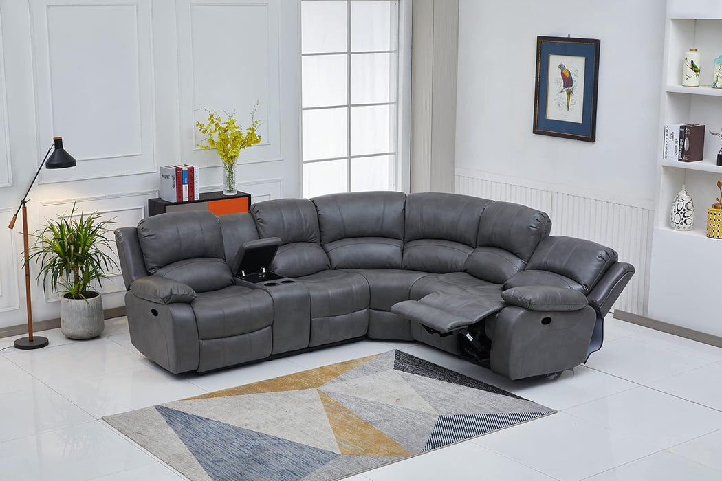 Bonded Leather Sectional Sofa 3 Recliners, Grey