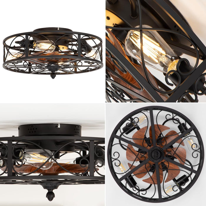 Caged Flush Mount Ceiling Fan with Lights, Farmhouse Rustic Bladeless Ceiling Fans with Lights and Remote, Low Profile Small Enclosed Ceiling Fan with Light for Bedroom, Kitchen, Black