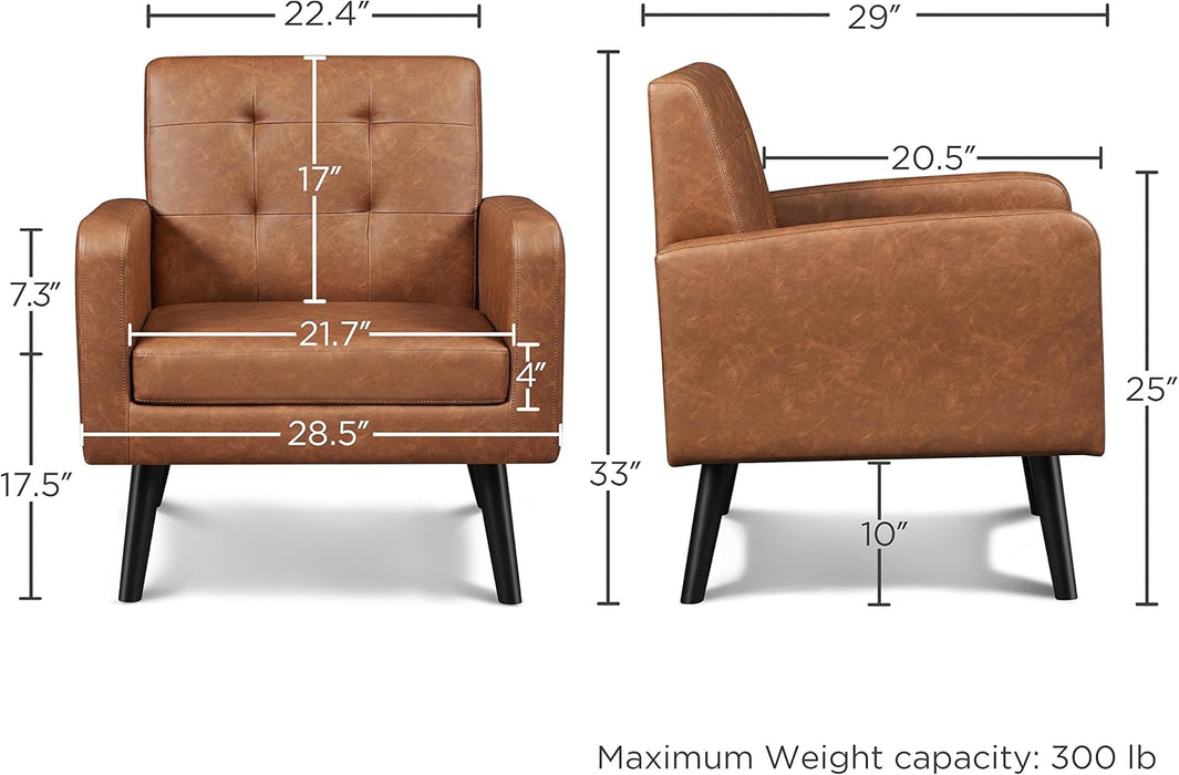 Mid-Century Accent Chairs, PU Leather Modern Upholstered Living Room Chair, Cozy Armchair Button Tufted Back and Wood Legs for Bedroom/Office/Cafe, Retro Brown 2 PCS
