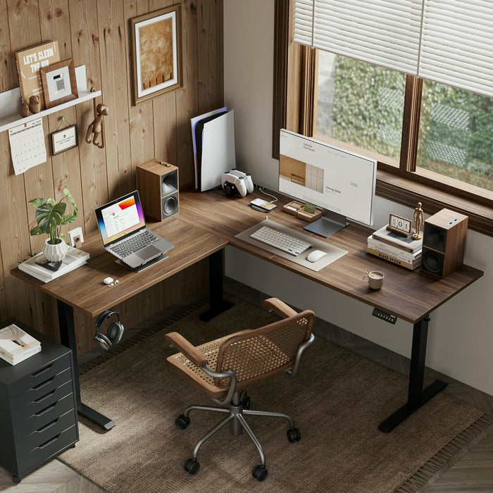 L Shaped Standing Desk Adjustable Height, Electric Corner Standing Desk, 63 X 55 Inch Sit Stand Computer Table with Splice Board, Dark Wlalnut