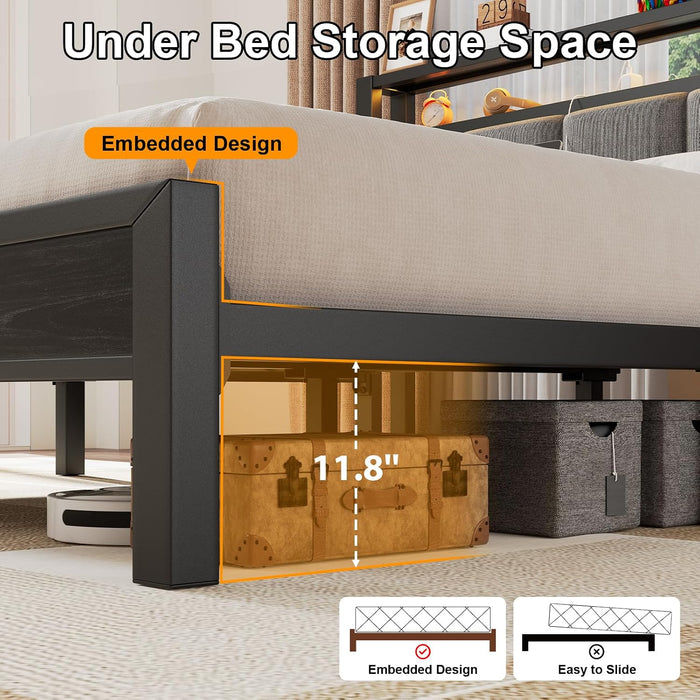 Full Size Bed Frame with LED Lights and Charging Station, Grey