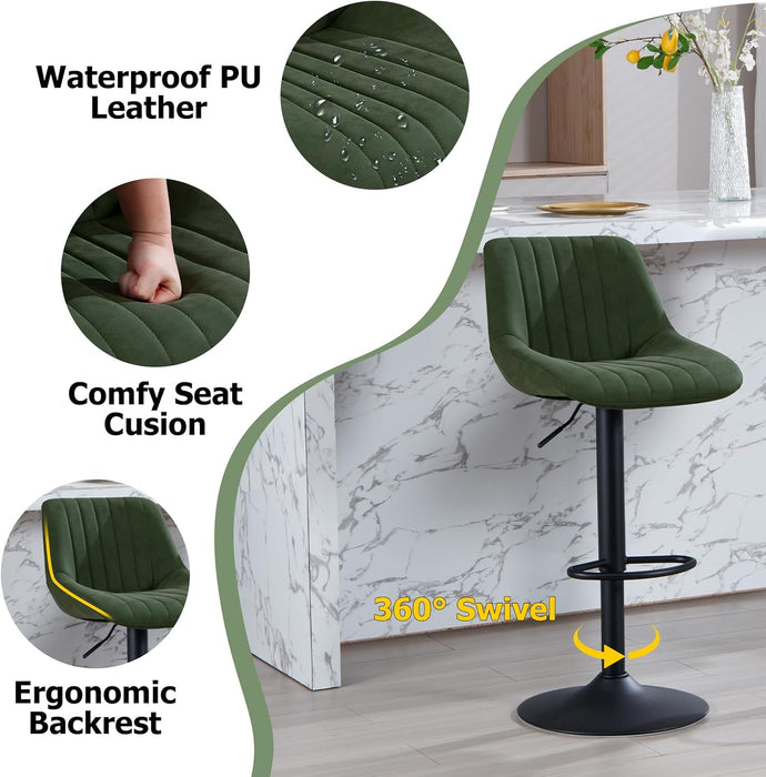 Faux Leather Adjustable Bar Stools Set of 3, Modern Swivel Barstools with Back, Black Metal Base and Footrest, Upholstered Armless Bar Chairs for Kitchen Island/Dining/Pub, Green