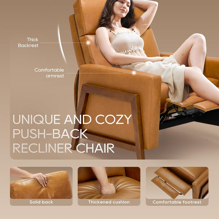 Push Back Recliner Chair, Upholstered Leather Recliner with Footrest 118-150 Degree Adjustable, Comfy Modern Wingback Recliner for Living Room, Bedroom,Small Spaces,Camel