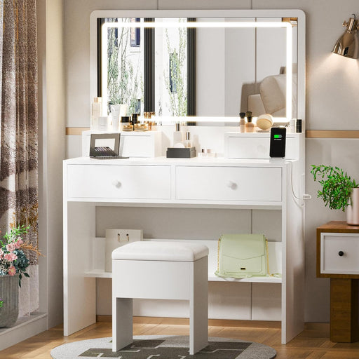 Makeup Vanity Desk with Mirror, Lights and Charging Station, White Vanity with 3 Lighting Modes, Dressing Table Set with 4 Drawers and Storage Chair for Bedroom