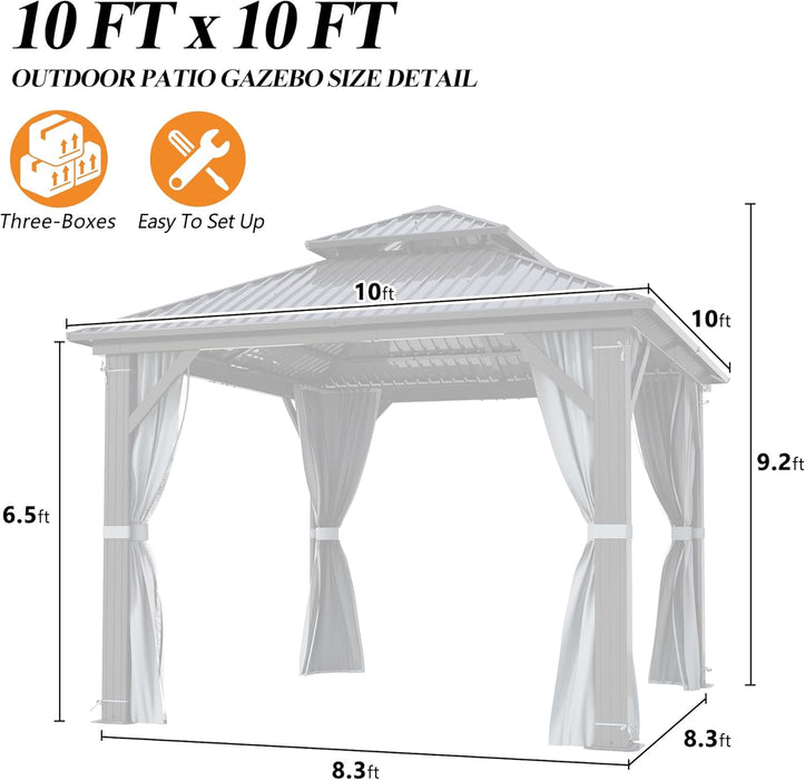 10'X10' Outdoor Hardtop Gazebo with Double Roof - Heavy-Duty Steel Top Aluminum Frame Gazebo with Breathable Netting & Privacy Curtain for Patio, Porch, Garden, Lawn, Deck, Backyard
