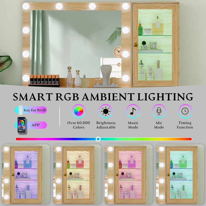 Fluted Vanity Desk with Mirror and Lights, 45" Glass Top Makeup Table Set with 5 Drawers, Power Outlet & Storage Cabinet, Large Dressing Table with RGB Ambient Light for Bedroom Women Girls, Oak