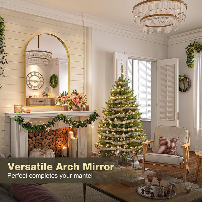 Gold Arched Mirror, 24 X 32 Inch Arch Wall Mirror, Brass Metal Frame Bathroom Mirror, Arched Top Bathroom Vanity Mirror for Living Room Bedroom Mantel Entryway Hallways