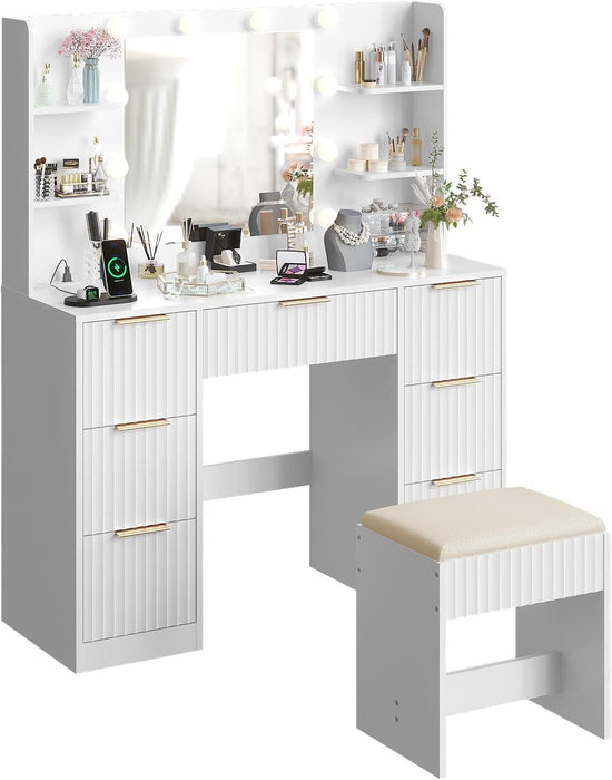 Fluted Vanity Desk with Mirror and Lights in 3 Modes and Charging Station, Makeup Vanity Table Set with 7 Drawers & Storage Shelves, Dressing Table with Chair for Bedroom, White