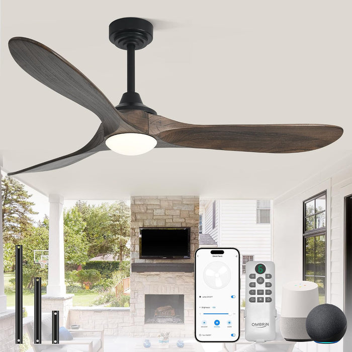 60 Inch Outdoor Ceiling Fans with Lights,Smart Wood Ceiling Fan for Alexa,Google & APP Control,Indoor/Outdoor,3 Blades,3Cct Dimmable,Deep Brown Walnut,Downrod Mount for Patio Porch