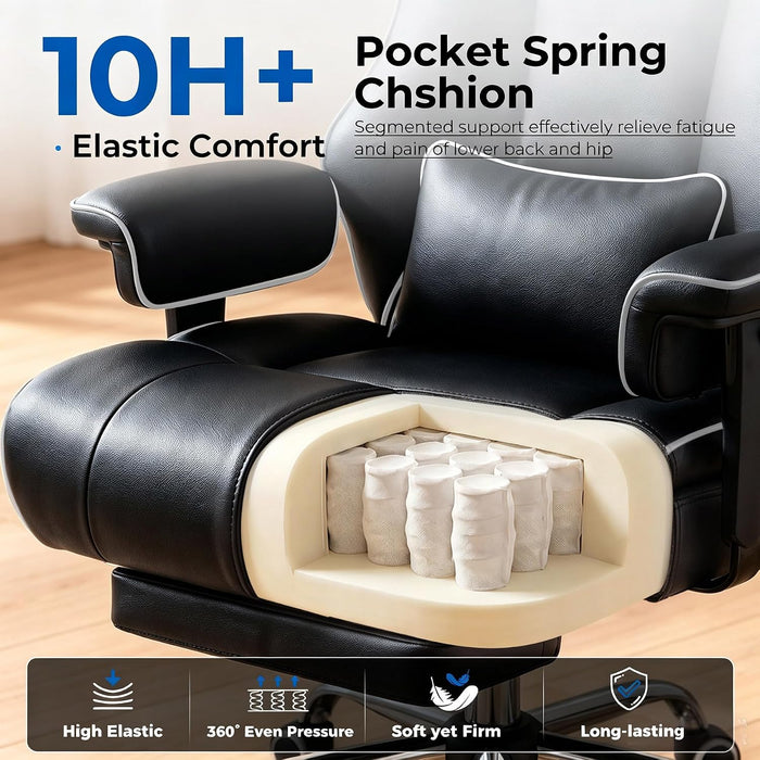 Big and Tall Office Chair,Heavy Duty Gaming Chair with Foot Rest and Wide Pocket Spring Cushion Reclining Height Adjustable for Home Office Work, Comfy Pu Leather Black-White