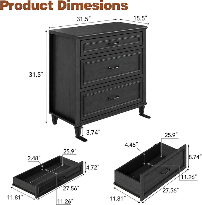 3 Drawer Dresser for Bedroom Set of 2, 31.5" Wide Modern Closet Chest of Drawers with Metal Handles,Wood Nightstand Storage Organizer for Living Room, Hallway, Black Grey