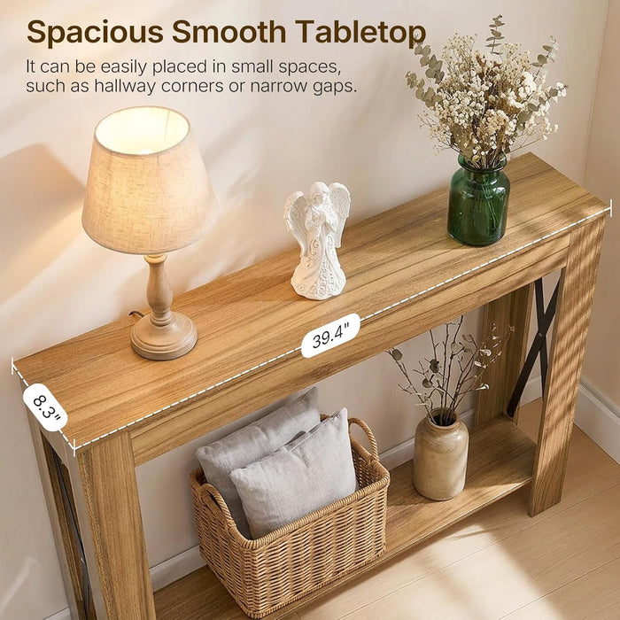 Farmhouse Console Table, 39.4'' Small Narrow Entryway Table, Wood Couch Table behind Sofa with Storage Shelf, Slim Farmhouse Hallway Table for Living Room, Hallway, Foyer, Light Walnut CT34VV