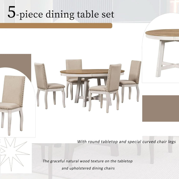 TREXM 5-Piece Farmhouse Dining Table Set Wood round Extendable Dining Table and 4 Upholstered Dining Chairs (Oak Natural Wood + Antique White)