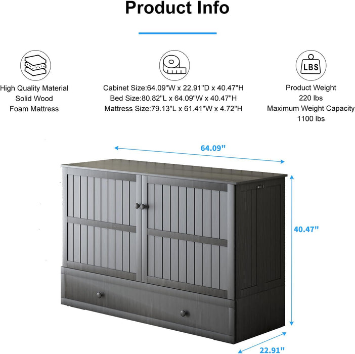 Queen Murphy Bed Cabinet SpaceSavingDesign USB Charging