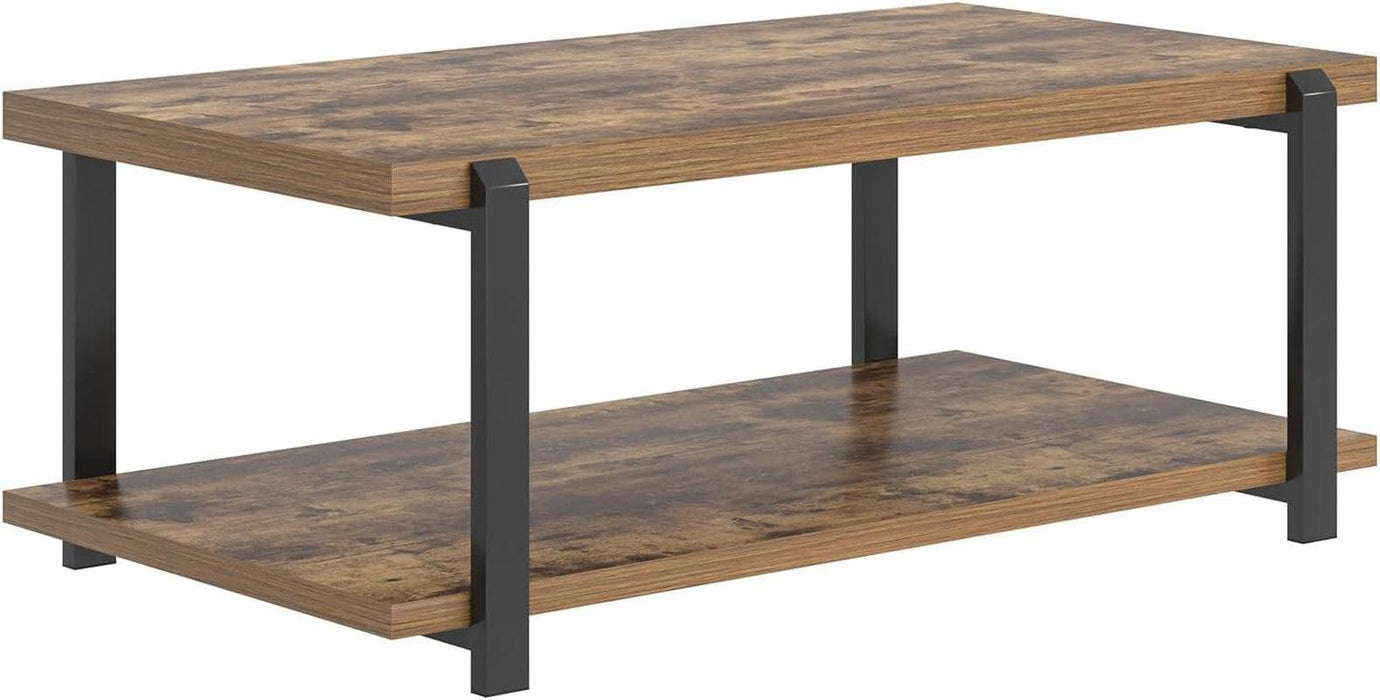 Modern Coffee Table, Rustic Wood Center Table with Storage for Living Room, Industrial Rectangle 2 Tier Low Cocktail Tea Table, Rustic Brown