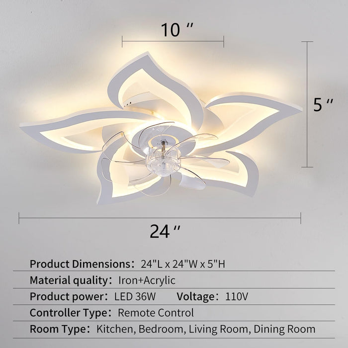 White Flower Modern Ceilingfans with Lights, Low Profile Ceiling Fan with Remote for Bedroom, Flush Mount Ceiling Fan with LED Dimmable Light,3-Colors, 6-Speeds, Timing Ceilingfan Light
