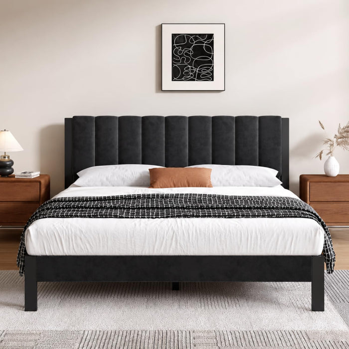King Bed Frame with Piano Keys Headboard and Footboard, Metal Platform Bed Frames King Size, No Box Spring Needed, Easy Assembly, Steel Slats Support, Velvet Black