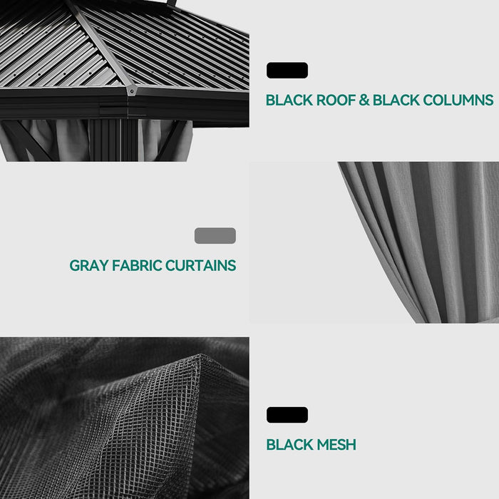 10X10Ft Hardtop Gazebo with Nettings and Curtains, Heavy Duty Double Roof Galvanized Steel Outdoor Combined of Vertical Stripes Roof for Patio, Backyard, Deck, Lawns, Gray