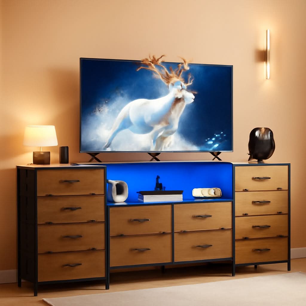 Twelve Drawer Dresser LED TV Stand Rustic Brown Finish — ShipItFurniture