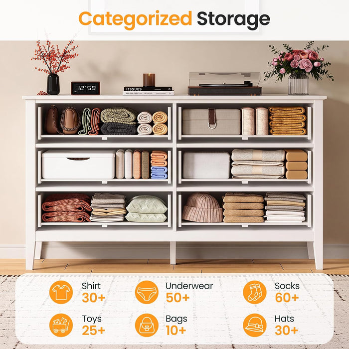 White 6 Drawer Dresser for Bedroom, Fluted Painted Wood Chest of Drawers, Modern TV Stand Storage Cabinet for Living Room, Entryway, 47" W X 16" D X 32" H
