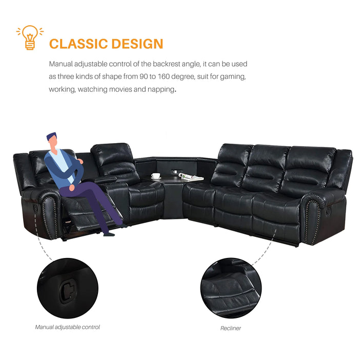 PU Leather Sectional Sofa Set, Reclining Couch for Living Room with Cup Holders, Love Seat with Wedge Wood Table, 5 Seater Theater Seating with Storage, Jet Black