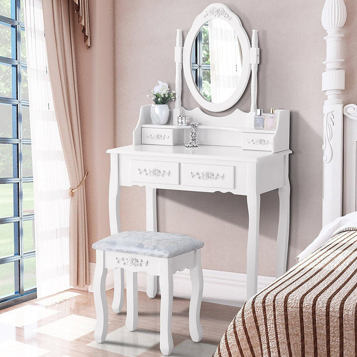 Vanity Table Set with 4 Drawer,Makeup Dressing Table W/Cushioned Stool,Girls Women Bedroom Furniture Set Oval Mirror White