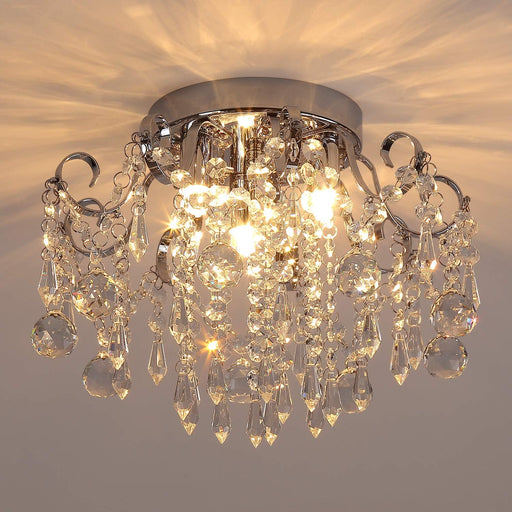 Small Crystal Chandelier Flush Mount Ceiling Light 3 Lights Modern Chrome Iron Raindrop Crystal Ceiling Fixture for Bedroom Hallway Closet Entryway Stairs