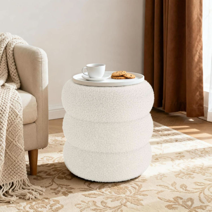 round Ottoman with Storage, Plush Teddy Boucle Footstool for Living Room, Soft Vanity Stool with Hidden Compartment, Circular Foot Rest for Bedroom & Dorm Decor, White