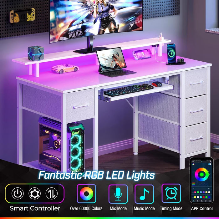 Computer Desk 47.2" with LED Lights & Power Outlets, Home Office Desk with 4 Drawers, Writing Desk with Keyboard Tray, Study Desk with Monitor Stand, Work Desk for Home Office, White