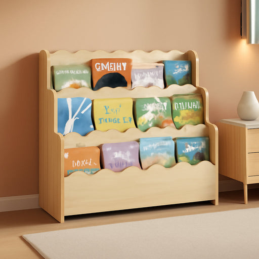 3-Tier Solid Pine Wood Scalloped Bookshelf, Natural | Montessori Bookshelf, Wooden Book Shelf Organizer, Display Furniture, for Playroom, Nursery and Classroom