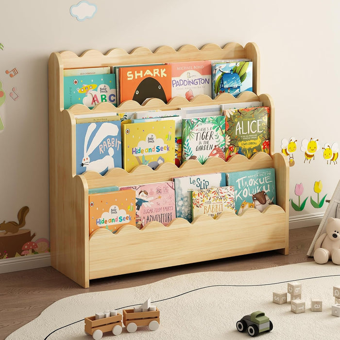 3-Tier Solid Pine Wood Scalloped Bookshelf, Natural | Montessori Bookshelf, Wooden Book Shelf Organizer, Display Furniture, for Playroom, Nursery and Classroom