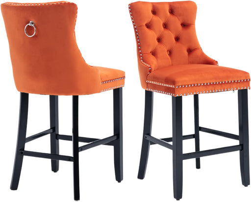 Velvet Upholstered Bar Stools Set of 2 with Back and Wood Legs, Metal Pulling Ring, Armless Counter Height Barstools for Kitchen Island, Pub(Orange)