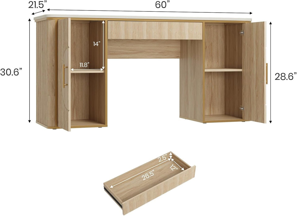 60" Fluted Computer Desk, Wooden Long Home Office Writing Desk with Drawer & Storage Cabinet, Modern Writing Table with Charging Station, High Executive Desk for Office，Bedroom, Nature Oak