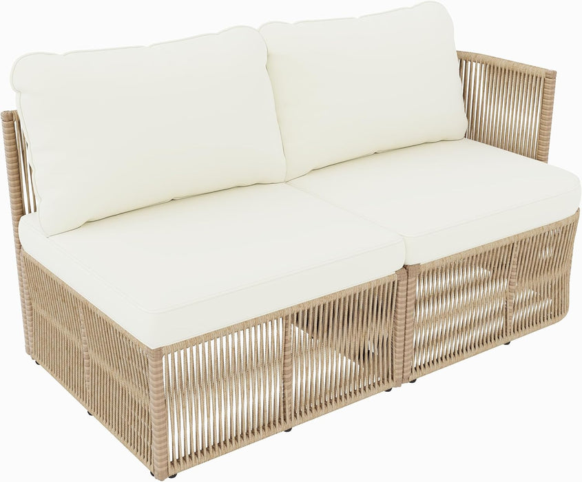 Outdoor Patio Furniture Set, PE Rattan Wicker Conversation Sofa Set with Iron Frame Cushions and Glass Top Coffee Table, Modular Backyard Balcony Seating Set, Dark Beige