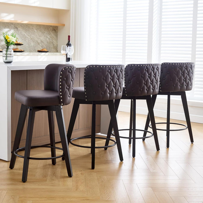 Swivel Bar Stool Set of 4, Faux Leather Low Back Counter Height Bar Stools, 27.5" Upholstered Tufted Counter Barstools with Wood Legs for Kitchen Island, Home Bar (Brown)