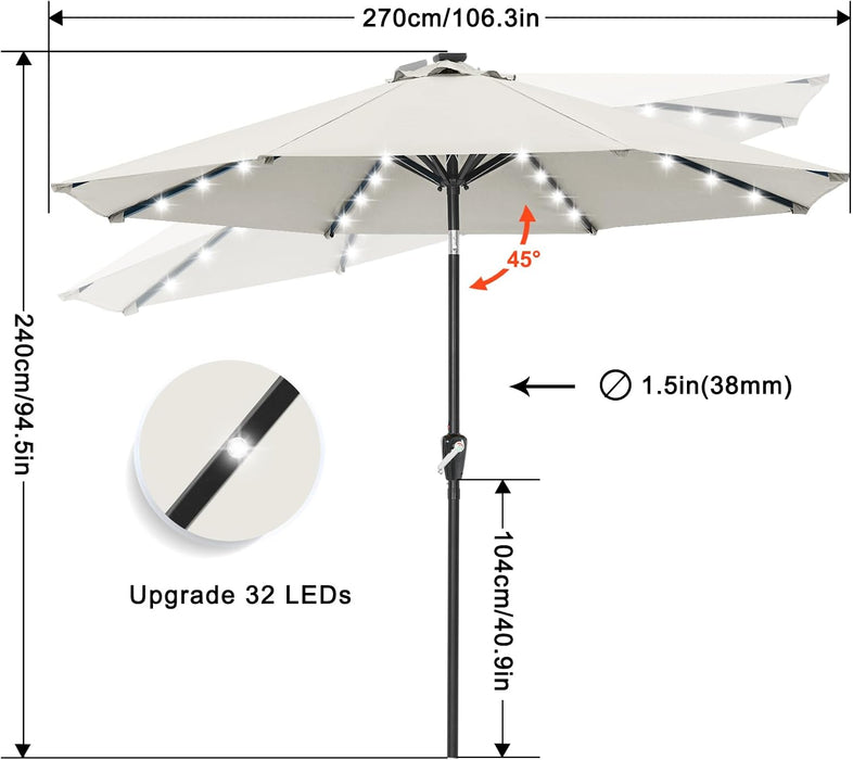 Durable Solar Led Patio Umbrellas with 32LED Lights 9FT (Light Beige)