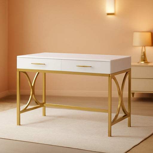 Modern Computer Desk with 2 Drawers, 41 Inches Study Writing Office Desk for Home Office, Bedroom, Makeup Vanity Table Desk with Gold Metal Frame, White & Gold