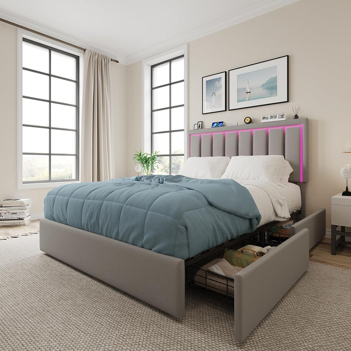 Queen Size Upholstered Platform Bed Frame, Wooden Slats Support with 4 Storage Drawers, Built in Charging Station & LED, Noise-Free, No Box Spring Needed, Grey