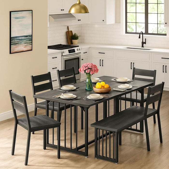 63 Inch Dining Table Set for 6-8 People 6-Piece Large Kitchen Table Set with 2 Benches and 4 Chairs Farmhouse Rectangular Dining Room Table for Kitchen Dining Room Apartment Dark Grey