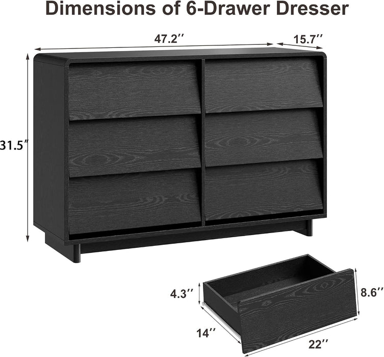 Black 6 Drawer Dresser for Bedroom, 47.2" Modern Wood Dresser with Handle-Free and Curved-Edge Design, Chests of Drawers with Large Capacity
